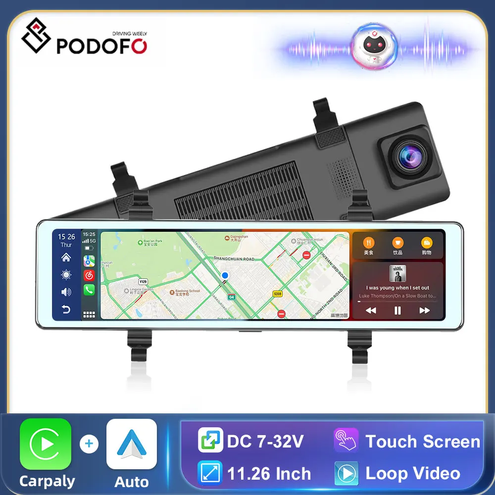 Podofo 11,26-дюймовый Монитор Carplay и Android Auto Dashcam Камера Заднего Вида С Поддержкой Двойной Камеры TF карта FM Зеркальный Монитор DVR 0