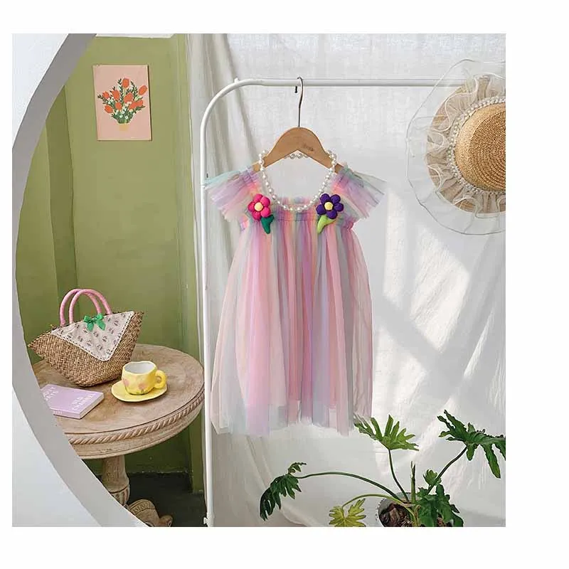 Платье-пачка для маленьких девочек с летящими рукавами, многослойное тюлевое платье принцессы для маленьких девочек, летнее пляжное платье для свадебной вечеринки с повязкой на голову 5