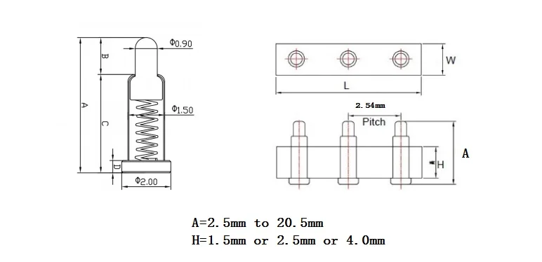 100шт Подпружиненный Разъем Pogo Pin 3-контактный Высота сетки 2,54 мм 2.0 2.5 3 3.5 4 4.5 5 5.5 6 6.5 7 7.5 8 8.5 9 9.5 10 мм SMD 5