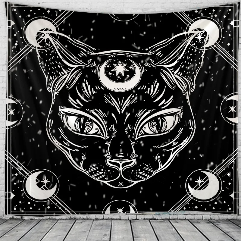 Кошка Мандала Хиппи Макраме Настенный декор в стиле бохо, гобелен для колдовства, домашний декор для комнаты, черно-белое тонкое одеяло, коврик для йоги 0