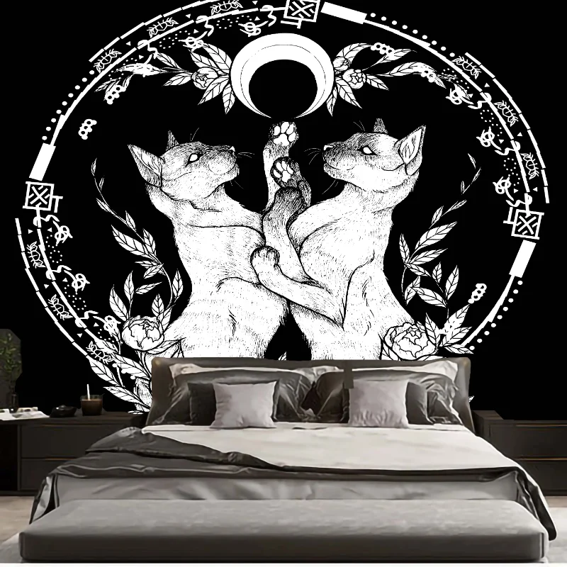Кошка Мандала Хиппи Макраме Настенный декор в стиле бохо, гобелен для колдовства, домашний декор для комнаты, черно-белое тонкое одеяло, коврик для йоги 1
