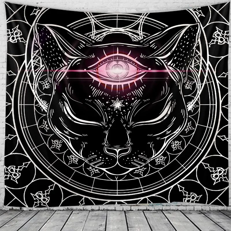 Кошка Мандала Хиппи Макраме Настенный декор в стиле бохо, гобелен для колдовства, домашний декор для комнаты, черно-белое тонкое одеяло, коврик для йоги 2