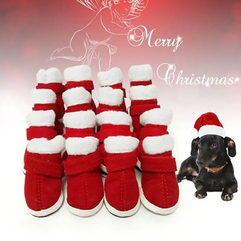 4 шт./компл. Зимняя обувь для собак, противоскользящие дождевики для собак, теплые ботинки Санта Клауса для домашних животных, обувь для маленьких и средних собак чихуахуа 1