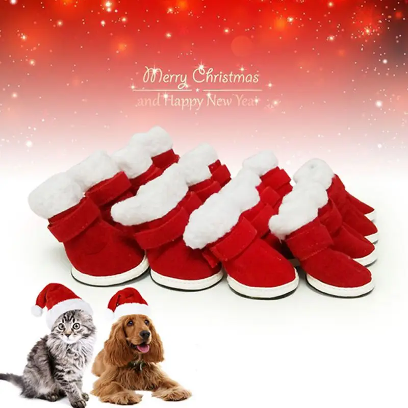 4 шт./компл. Зимняя обувь для собак, противоскользящие дождевики для собак, теплые ботинки Санта Клауса для домашних животных, обувь для маленьких и средних собак чихуахуа 2