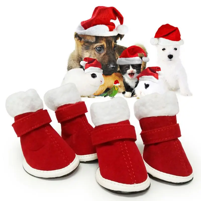 4 шт./компл. Зимняя обувь для собак, противоскользящие дождевики для собак, теплые ботинки Санта Клауса для домашних животных, обувь для маленьких и средних собак чихуахуа 3