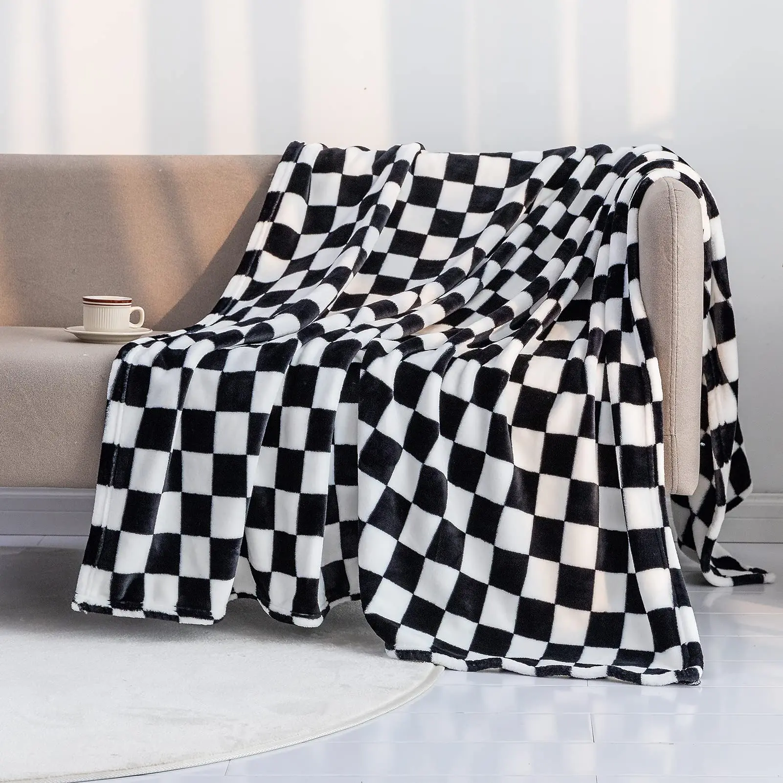 Черно-белое сетчатое одеяло, постельное белье с геометрическим рисунком в клетку, легкое теплое одеяло, пушистое мягкое для кровати, дивана, домашнего декора 0