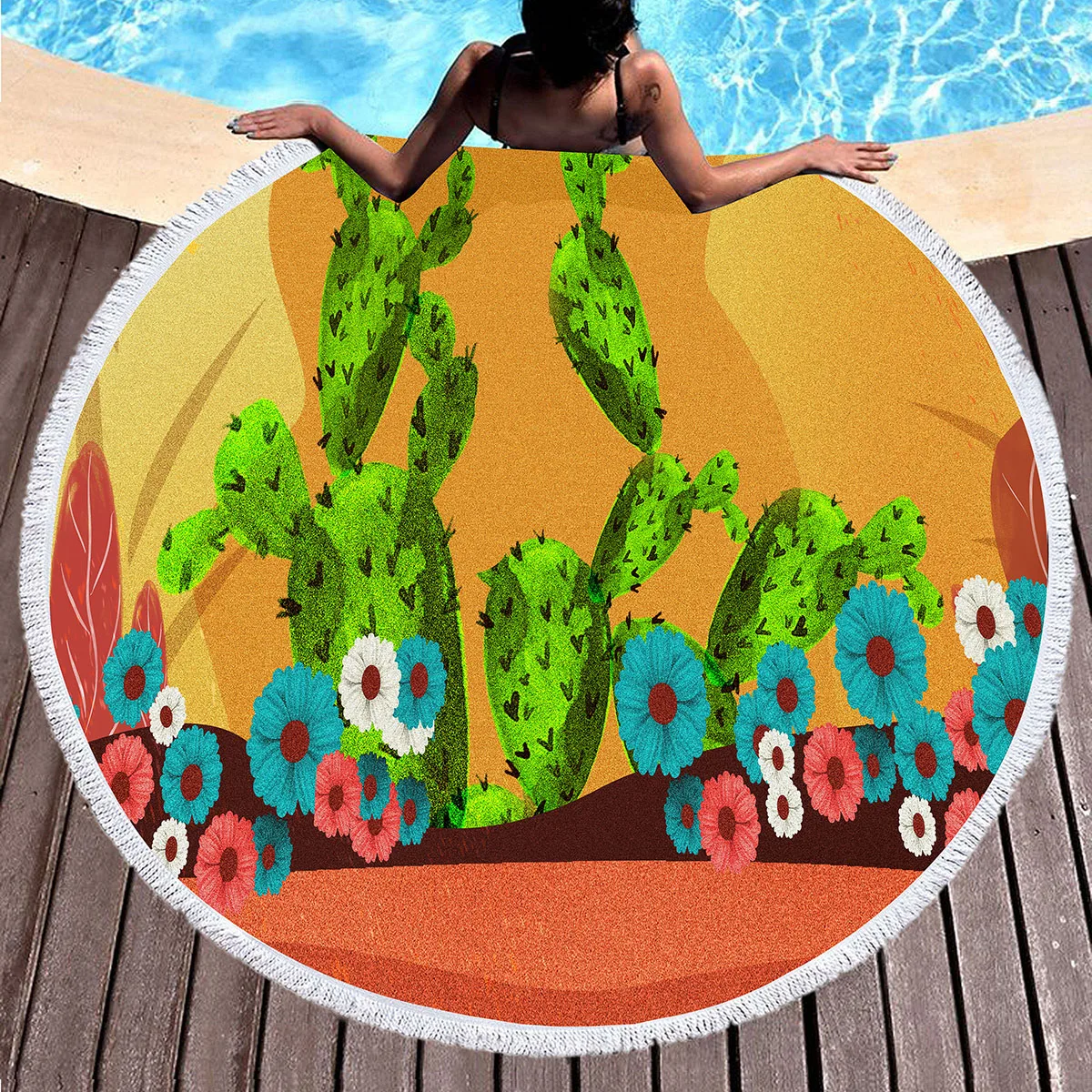 Круглое пляжное полотенце с милым принтом кактуса, пляжное одеяло из микрофибры, устойчивое к песку, впитывающее быстросохнущее полотенце для бассейна, Портативный коврик для пикника 1