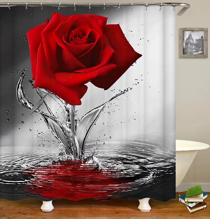 Набор занавесок для душа с цветами розы, нескользящие коврики, коврик для ванной, крышка унитаза и 12 крючков, декор для ванной комнаты из водонепроницаемого полиэстера 4