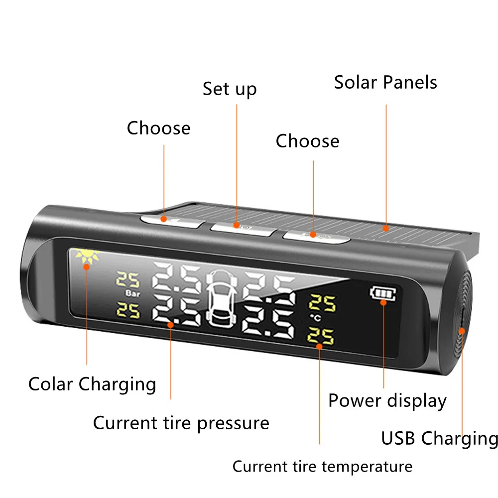 USB Автомобильная TPMS система контроля давления в шинах на солнечной энергии Цифровой ЖК-дисплей Автоматические системы охранной сигнализации Датчик давления 5