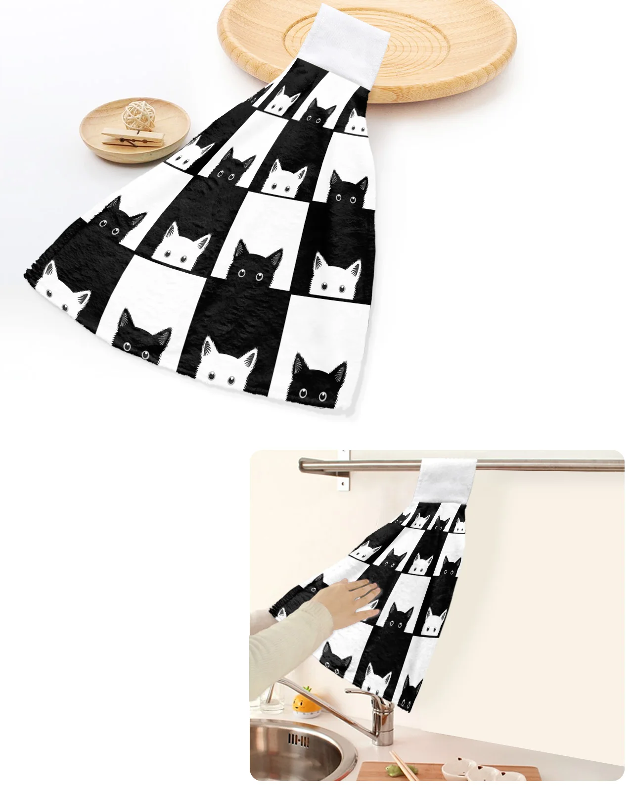 Geometic Black White Plaid Cat Пользовательское полотенце для рук Впитывающие Подвесные полотенца Домашняя Кухня Салфетки для мытья посуды Ванная Комната Салфетка для ванны 5