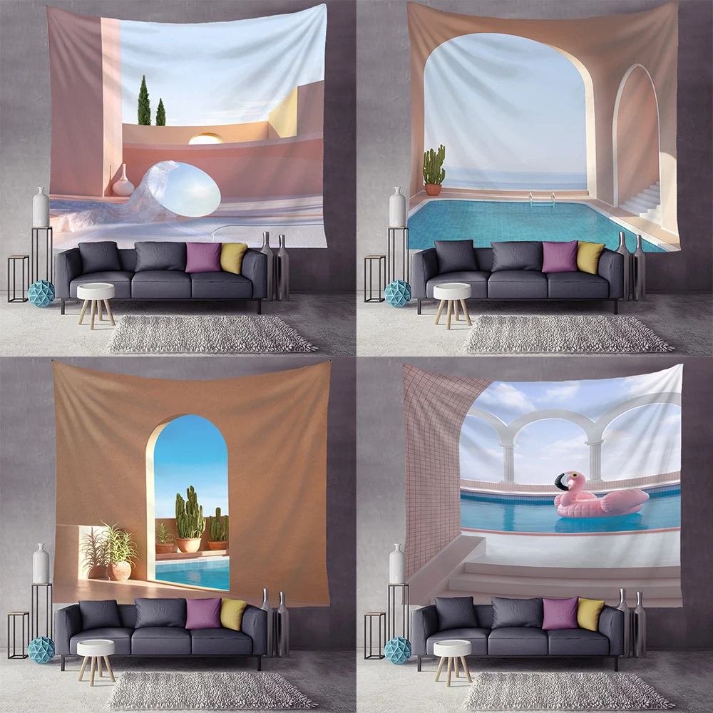 Свежесть Пейзажа Эстетическое оформление комнаты Гобелен с кактусами в стиле бохо на стене Розовый Милый декор для дома Висит ткань для штор 0