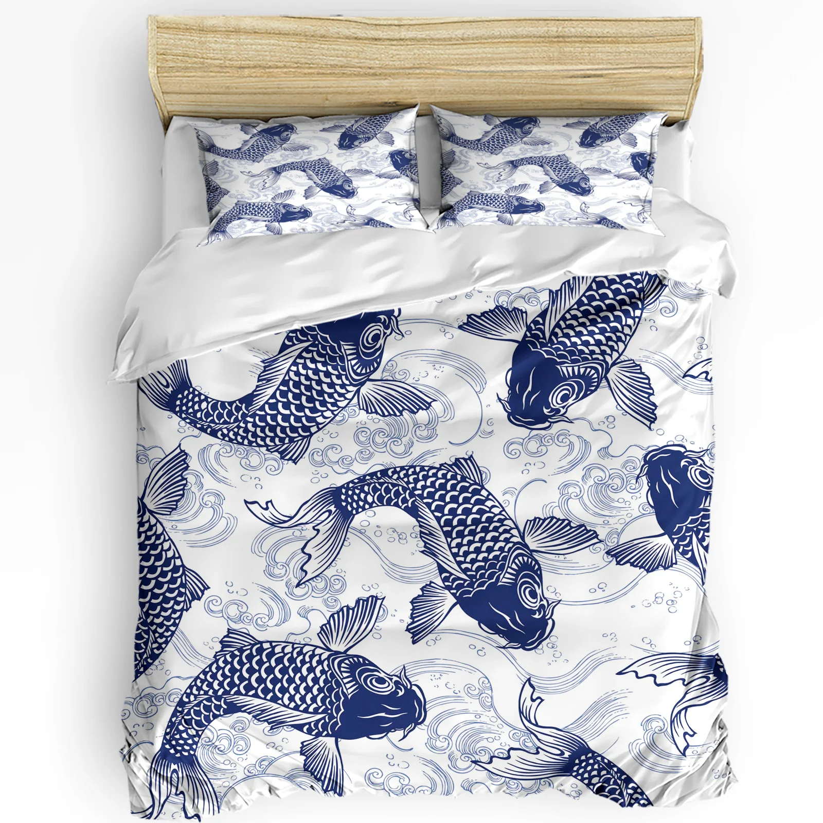 Японский стиль Blue Carp Waves Пододеяльник Комплект постельного белья из 3шт домашнего текстиля, Пододеяльник, Наволочки, Комплект постельного белья для спальни, без простыни 0