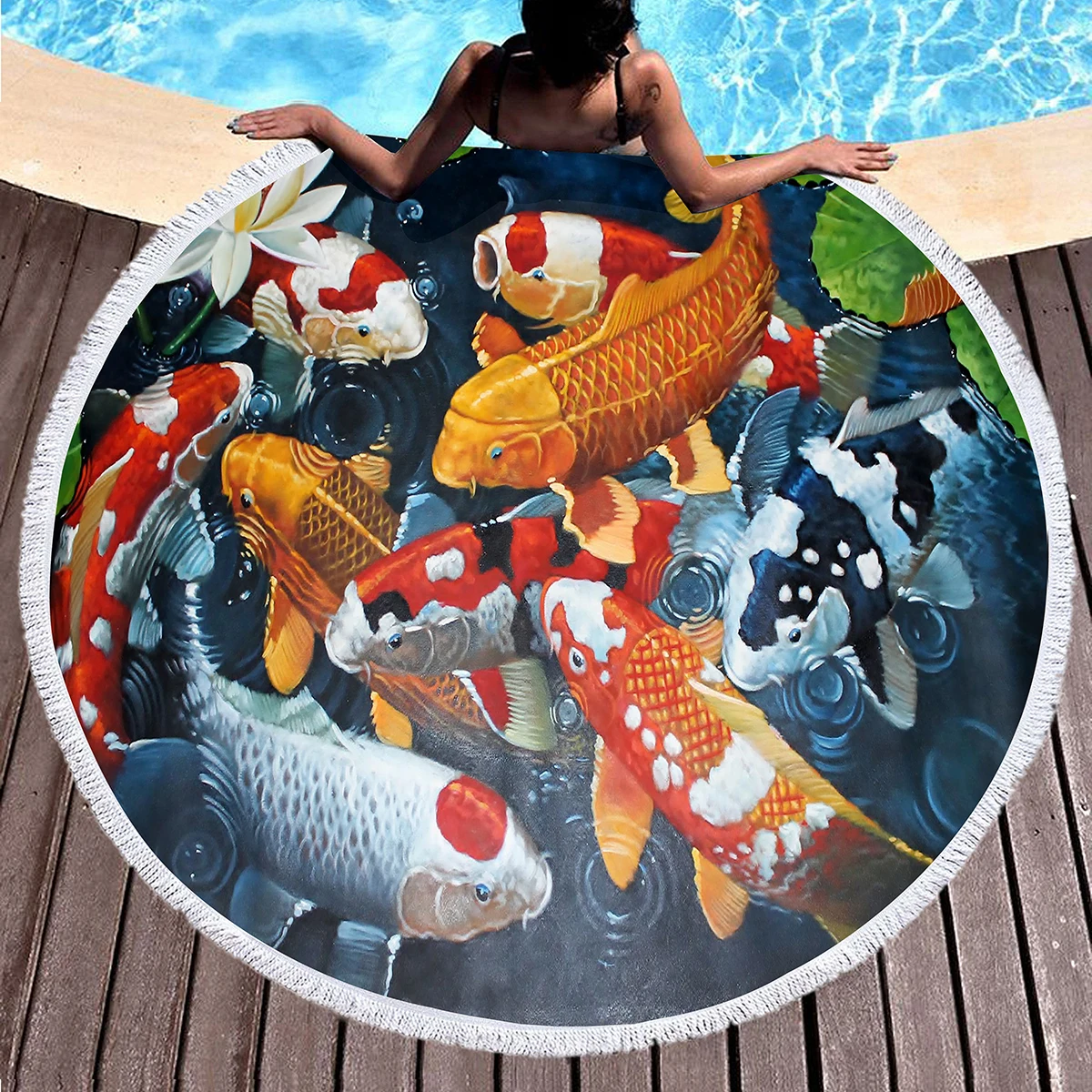 Круглое пляжное полотенце с изображением рыбы, Полиэфирное Пляжное одеяло, устойчивое к песку, Удобное впитывающее Быстросохнущее полотенце для бассейна, Коврик для пикника 0