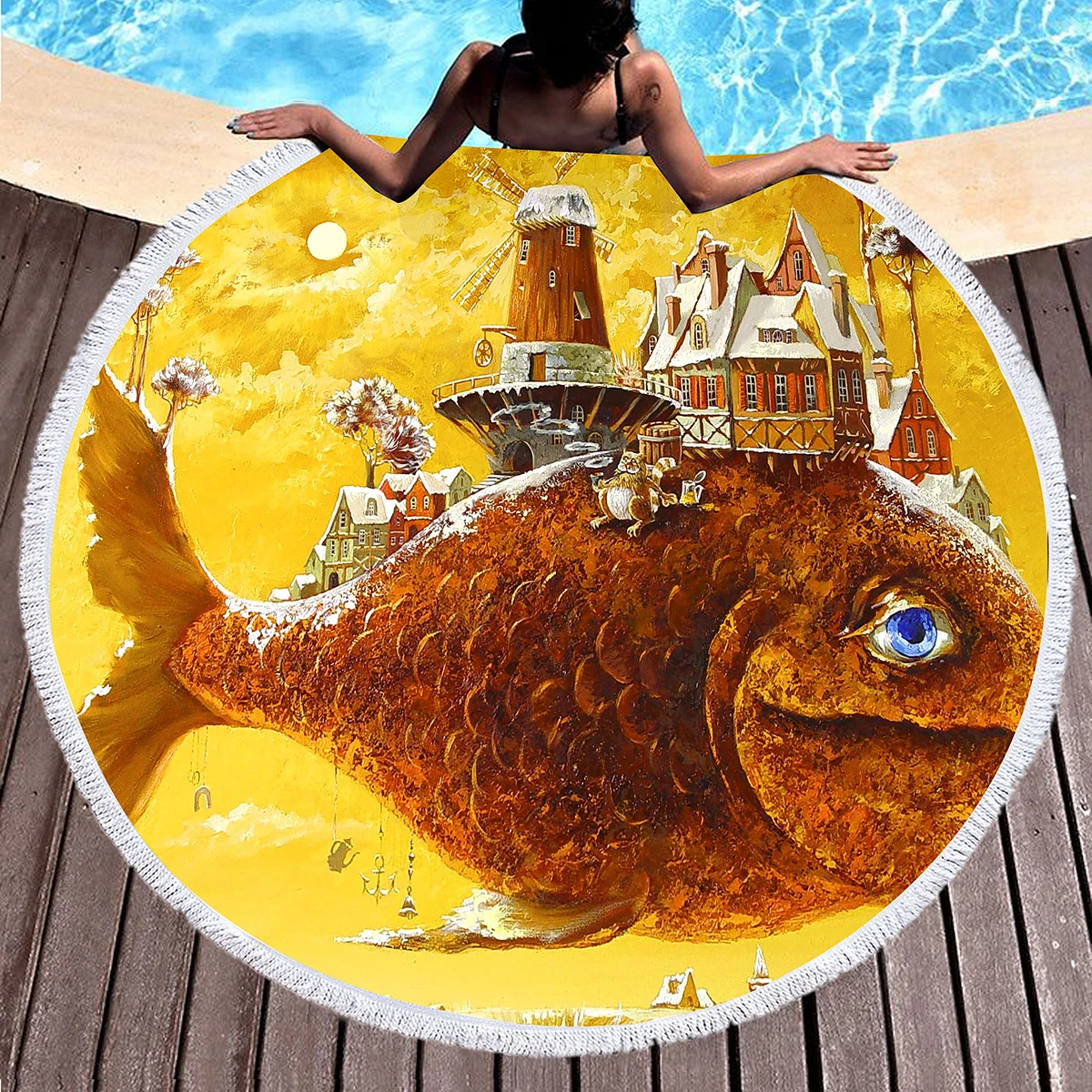 Круглое пляжное полотенце с изображением рыбы, Полиэфирное Пляжное одеяло, устойчивое к песку, Удобное впитывающее Быстросохнущее полотенце для бассейна, Коврик для пикника 3