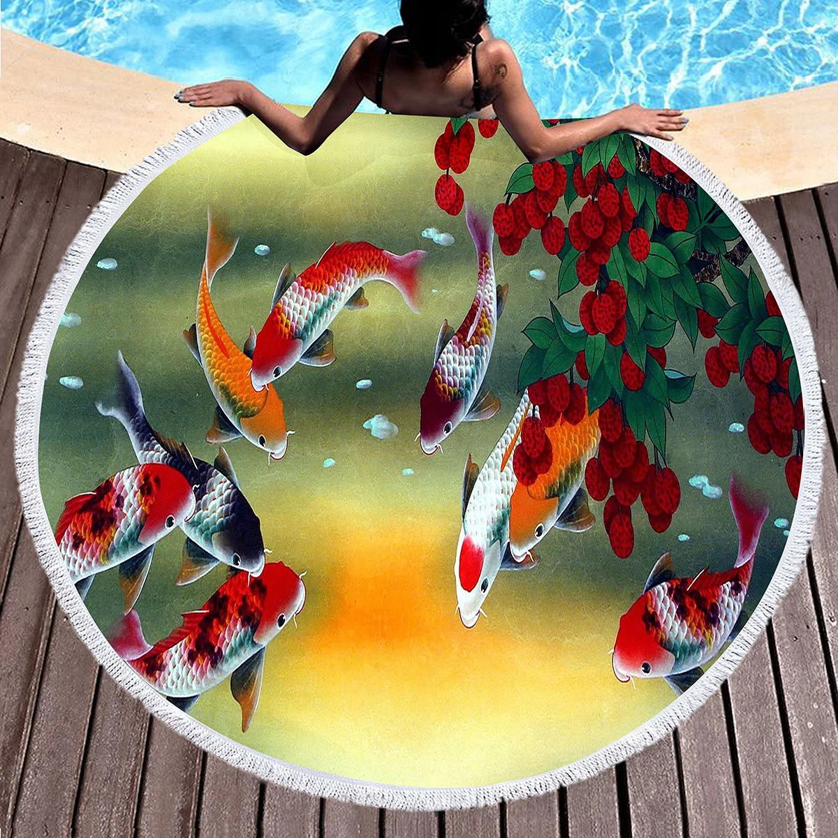 Круглое пляжное полотенце с изображением рыбы, Полиэфирное Пляжное одеяло, устойчивое к песку, Удобное впитывающее Быстросохнущее полотенце для бассейна, Коврик для пикника 4