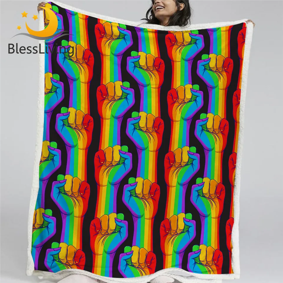 Флисовое одеяло BlessLiving Fist Sherpa, радужное одеяло, полосатое плюшевое одеяло Koce в реалистичном стиле, красочное пушистое одеяло 0