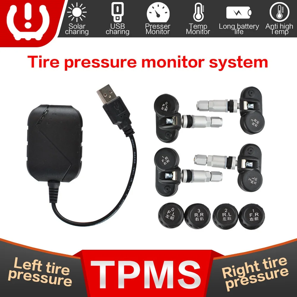 USB Android TPMS Система контроля давления в шинах Дисплей Сигнализация 5 В Внутренние датчики Android Навигация Автомобильное радио 4 Датчика 0