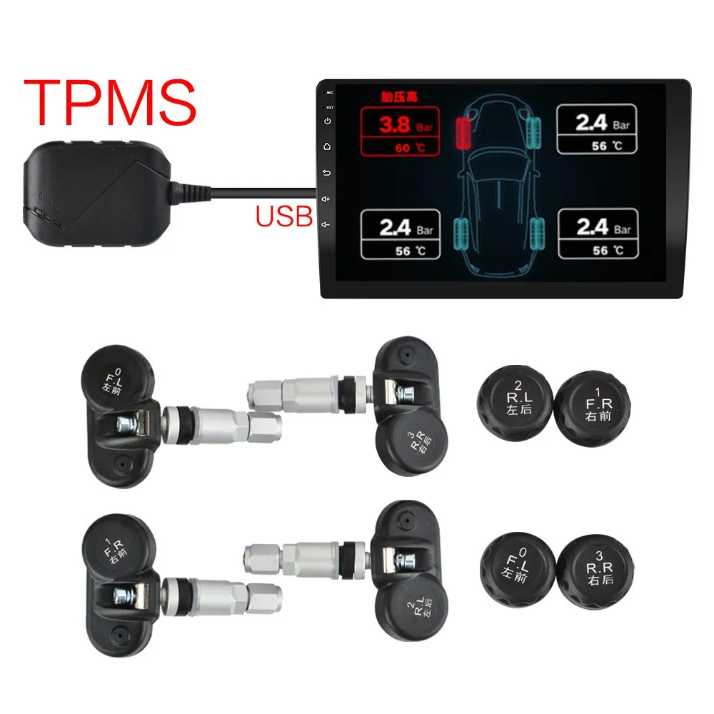 USB Android TPMS Система контроля давления в шинах Дисплей Сигнализация 5 В Внутренние датчики Android Навигация Автомобильное радио 4 Датчика 3