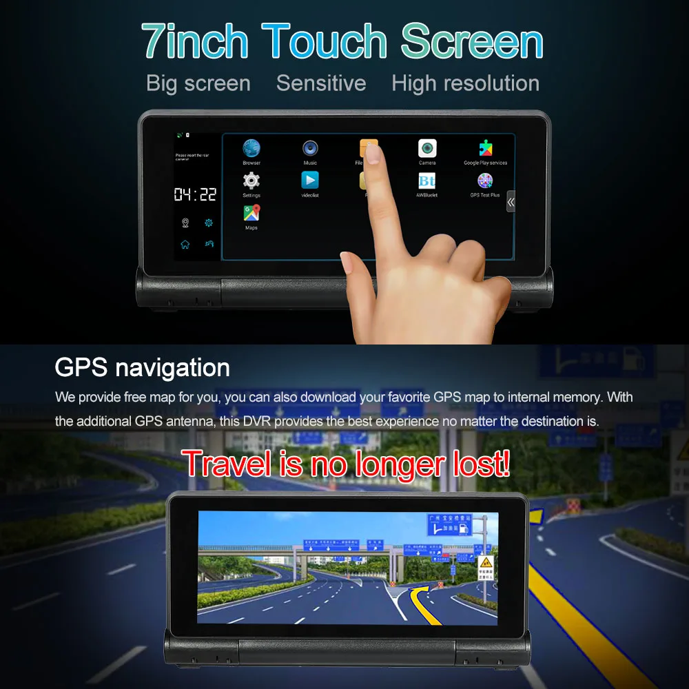 7-дюймовая интеллектуальная система Android, 16 ГБ флэш-памяти, GPS-навигатор, автомобильный видеорегистратор с двумя объективами 1080P, регистратор с бесплатной картой, WiFi BT 0