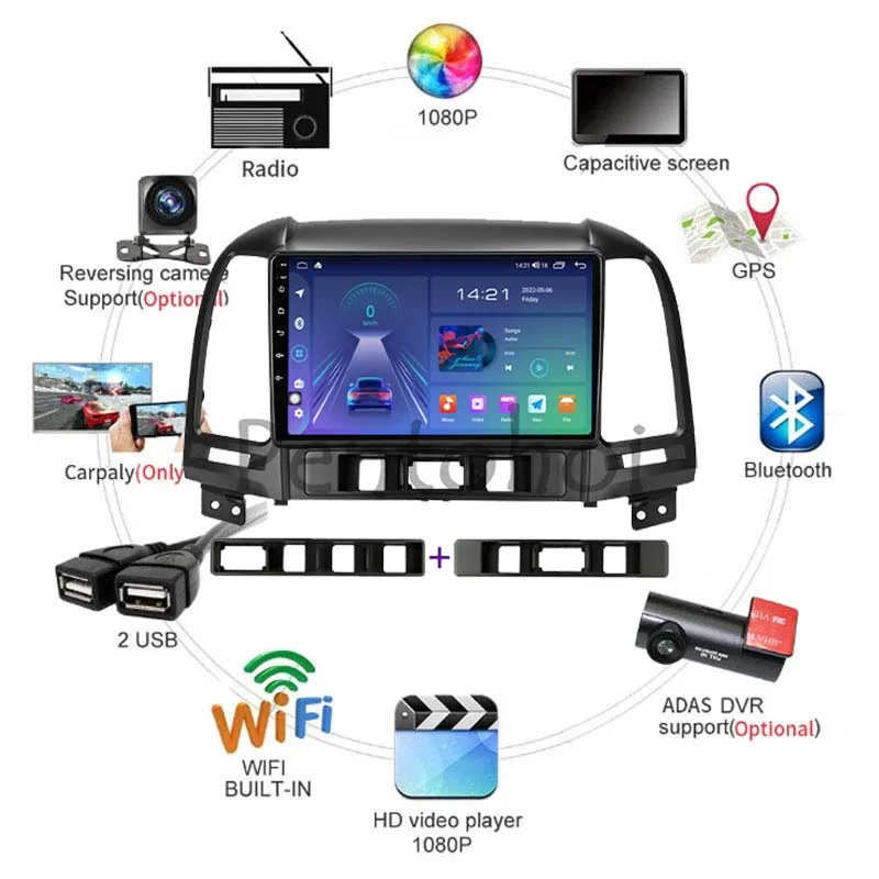 Автомагнитола Pentohoi для Hyundai Santa Fe 2 2006-2012 Android 12 DVD Мультимедийный Видеоплеер Стерео Carplay Авто GPS 4G WIFI DAB + 5