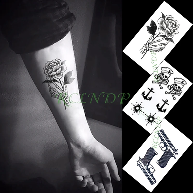 Водонепроницаемая временная татуировка Наклейка цветок пистолет якорь пиратское солнце маленькое художественное тату флэш тату поддельные татуировки для женщин мужчин детей 0