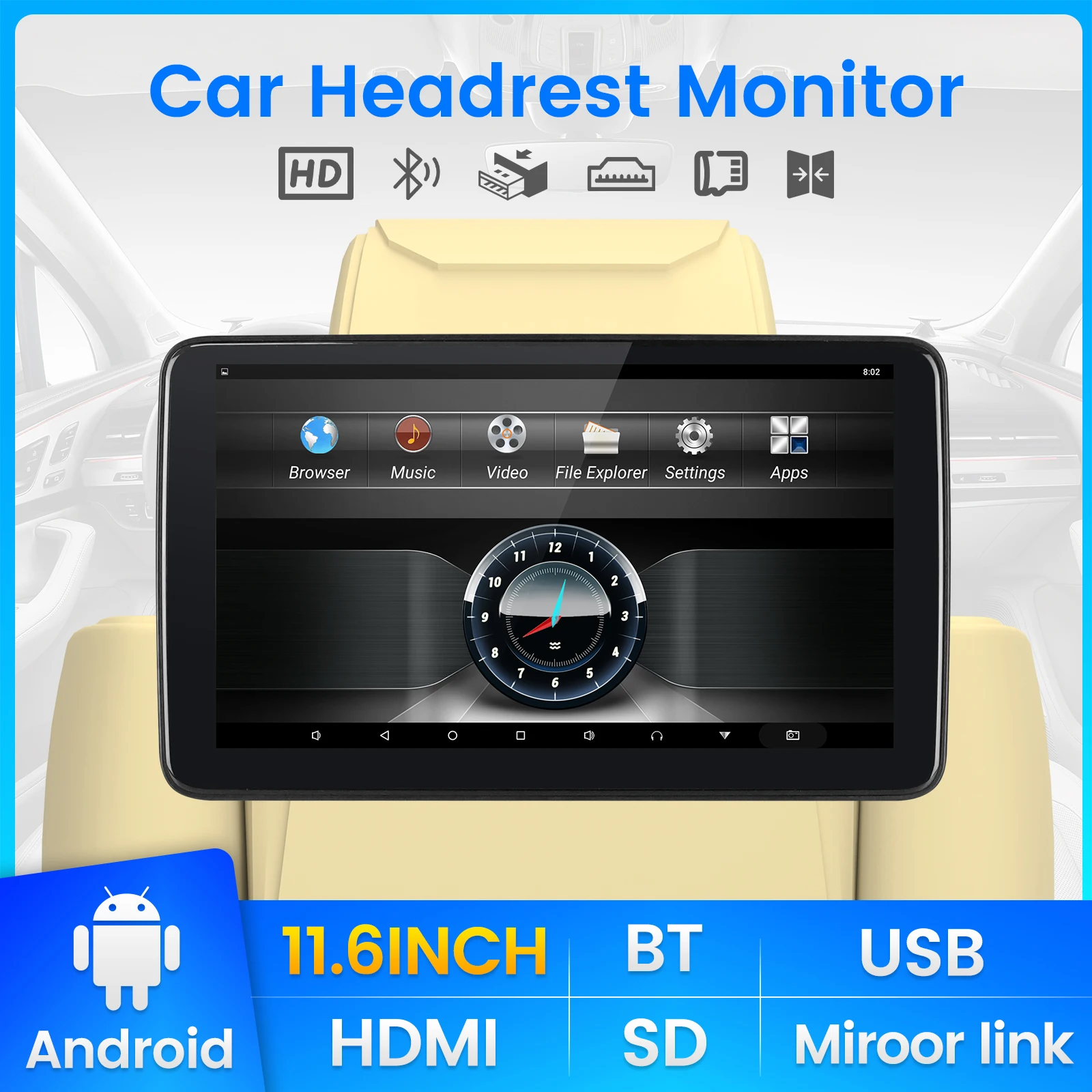 11,6-дюймовый автомобильный подголовник Android, монитор, зеркало, Поддержка подключения BT, FM-мультимедиа, сенсорный экран, видеоплеер на заднем сиденье 0