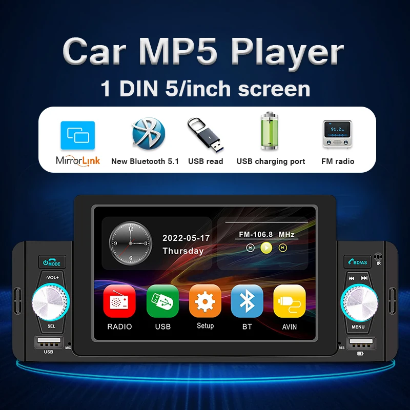 JMMXG Универсальный Автомобильный Мультимедийный 1 Din 5-Дюймовый Автомобильный Радиоприемник Bluetooth Стерео FM-Приемник USB Mirror Link С Сенсорным Экраном 0
