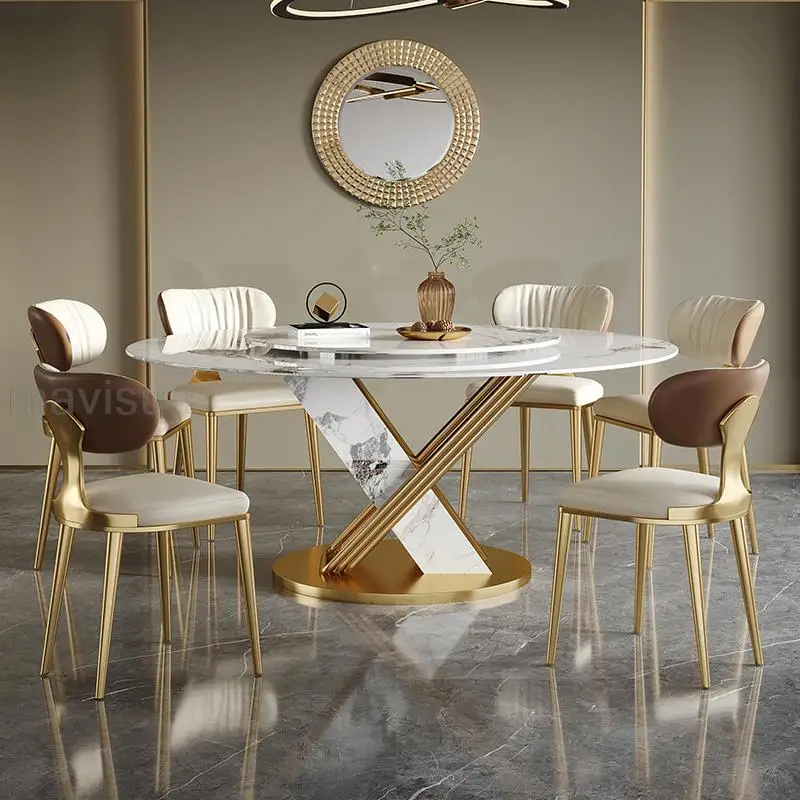 Круглый стол с поворотом на 360 °, Гладкий Поворотный стол, Дизайнерская Обеденная мебель из нержавеющей стали, Кухонный стол и стул из каменной плиты 1