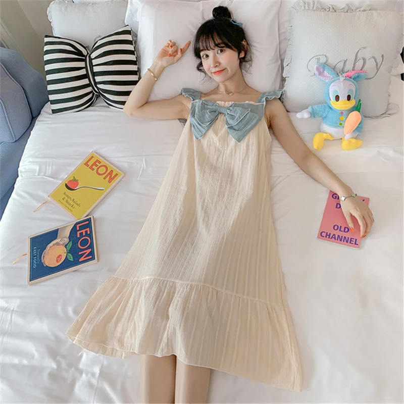 Ночная рубашка с накладкой на грудь, женская летняя хлопчатобумажная тонкая пижама, корейская версия сексуального халата с милым бантом, домашняя юбка, сексуальное ночное белье 1