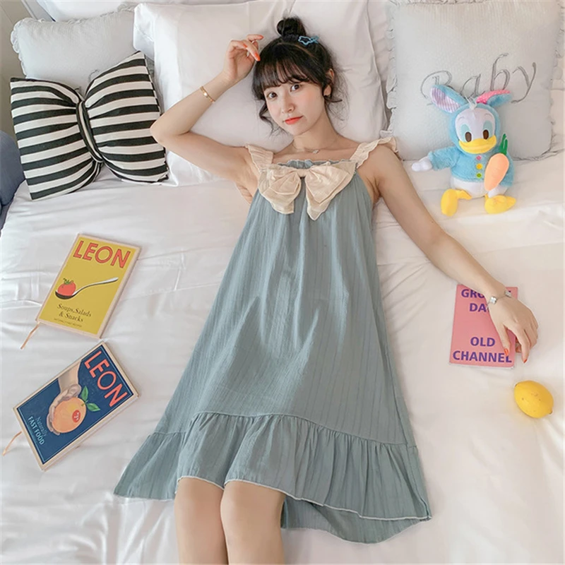 Ночная рубашка с накладкой на грудь, женская летняя хлопчатобумажная тонкая пижама, корейская версия сексуального халата с милым бантом, домашняя юбка, сексуальное ночное белье 3