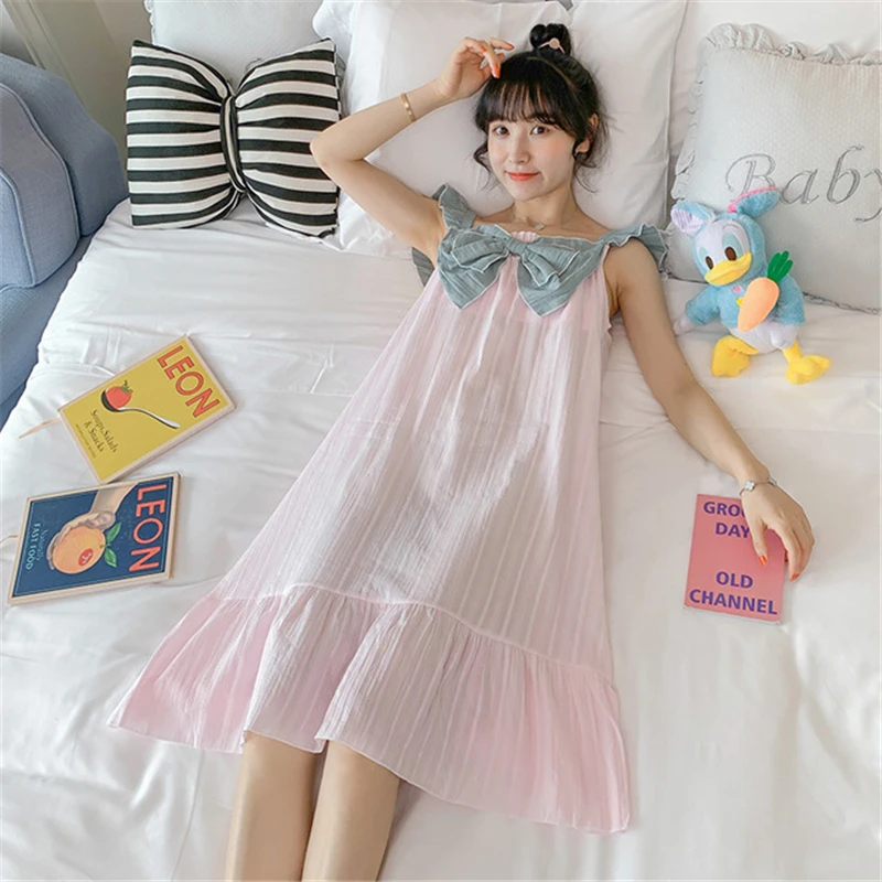 Ночная рубашка с накладкой на грудь, женская летняя хлопчатобумажная тонкая пижама, корейская версия сексуального халата с милым бантом, домашняя юбка, сексуальное ночное белье 4