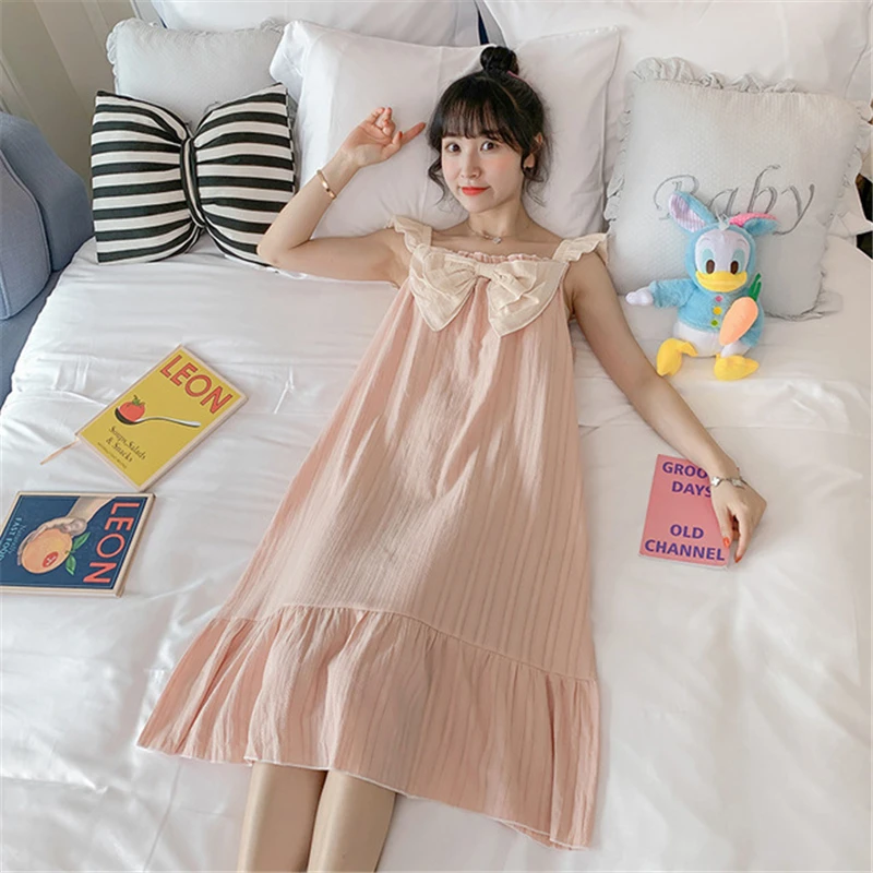 Ночная рубашка с накладкой на грудь, женская летняя хлопчатобумажная тонкая пижама, корейская версия сексуального халата с милым бантом, домашняя юбка, сексуальное ночное белье 5