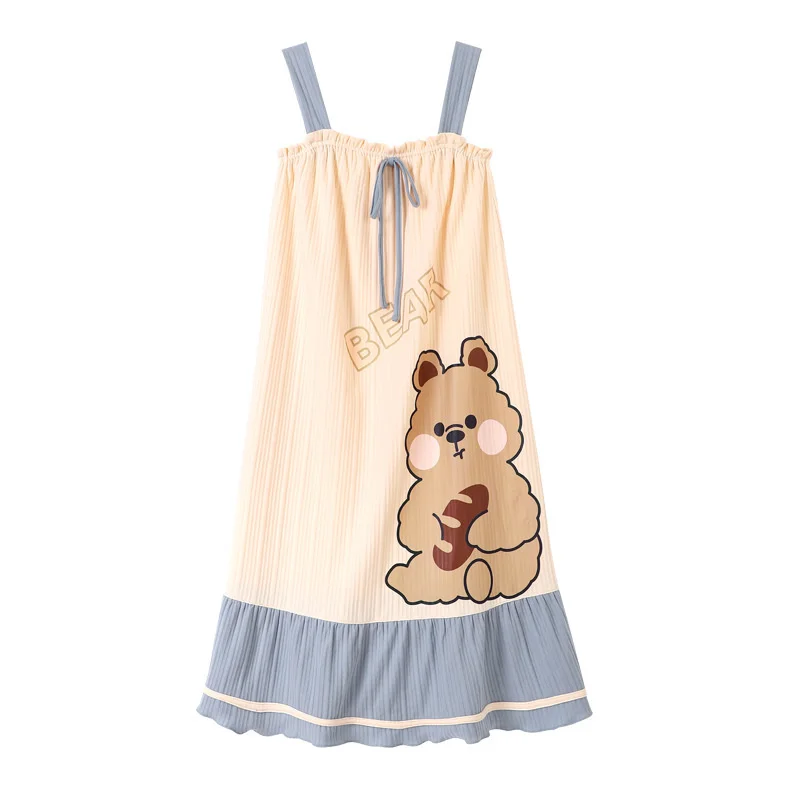 Пижама Женская летняя на подтяжках, вязаная из чистого хлопка, милая студенческая длинная ночная рубашка с мультяшным рисунком для домашней носки в г. 0