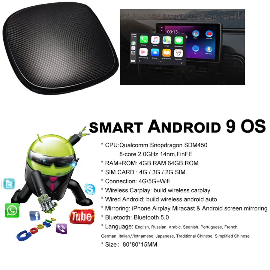 64 ГБ ROM Процессор Qualcomm Smart Car Box AI Voice Видеоплеер Android Carplay Box Для FIAT 500 500L 500X Argo abarth 595 2018 1