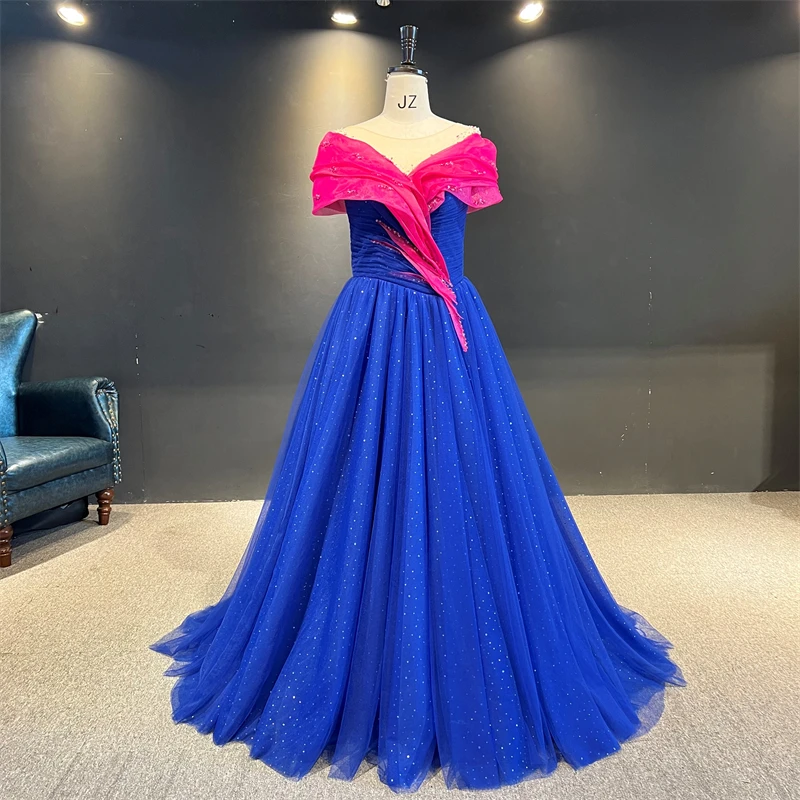 100%Реальные фотографии, Королевское синее вечернее платье с открытыми плечами, Тяжелыми бусинами и цветами, Вечернее платье для выпускного вечера 0