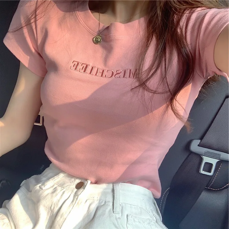 Y2K Вышивка с буквенным принтом, розовые укороченные топы, футболки с круглым вырезом и коротким рукавом, винтажная одежда, футболка 0