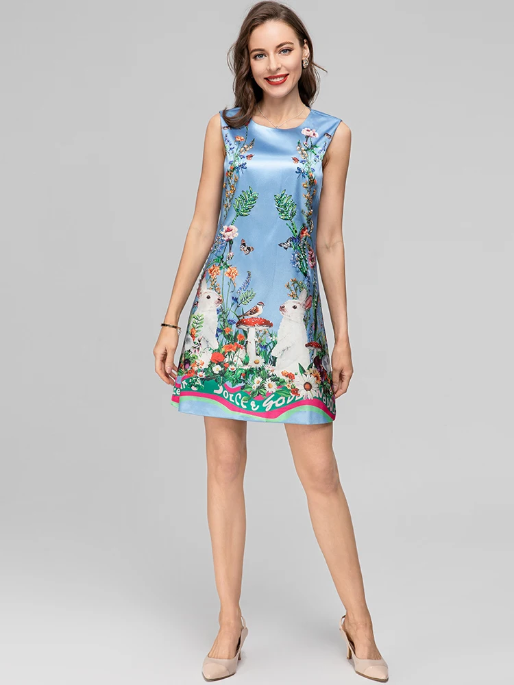 Seasixiang Модное дизайнерское весенне-летнее платье с цветочным принтом, женское платье с круглым вырезом, блестки, Хрустальные бриллианты, винтажные мини-платья на бретелях 5