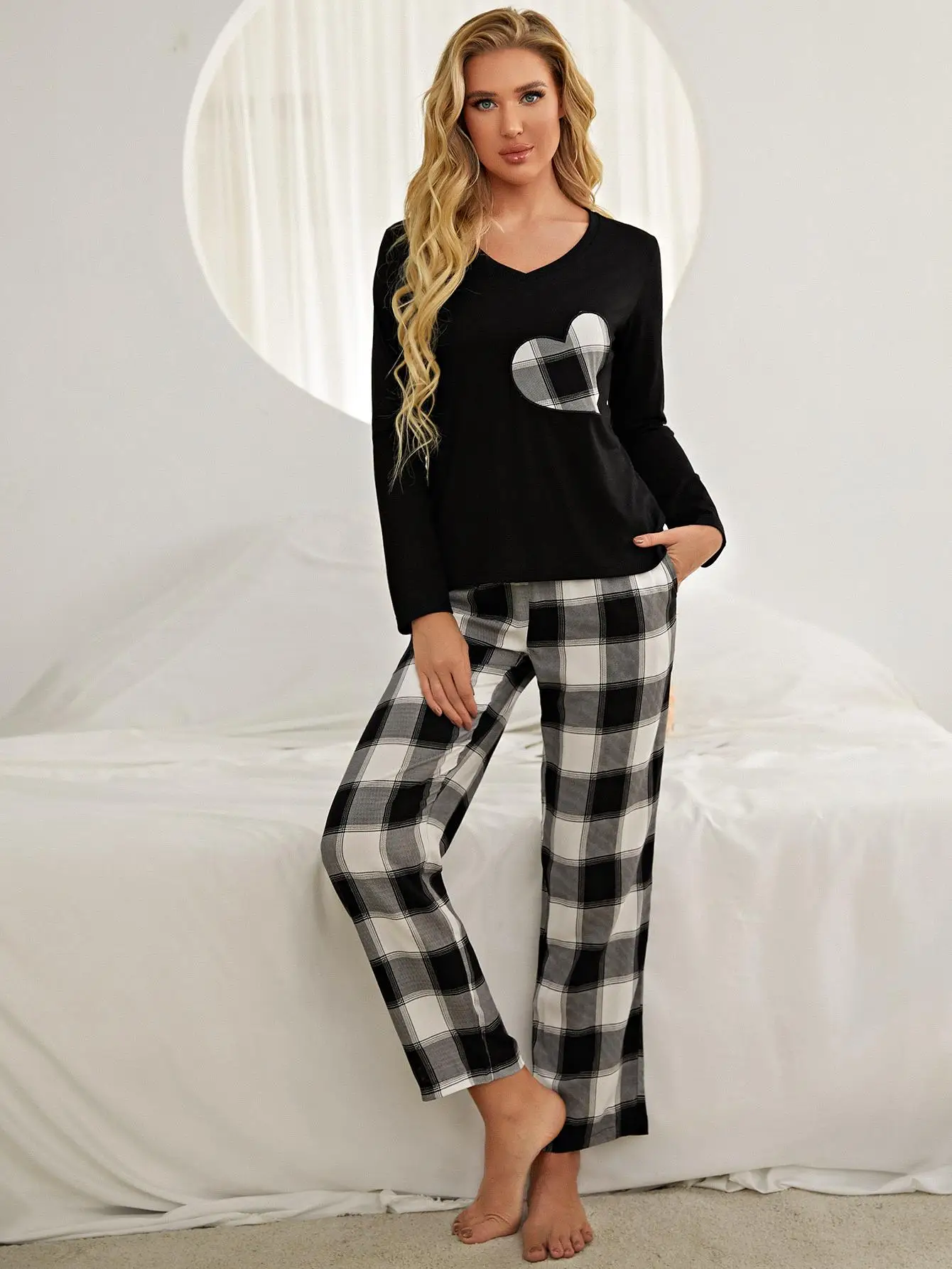 Женский пижамный комплект с принтом в виде сердца, топ с длинным рукавом и брюки с эластичной резинкой на талии, 2 предмета, пижамы в клетку, пижамы с V-образным вырезом, ткань Howear 5