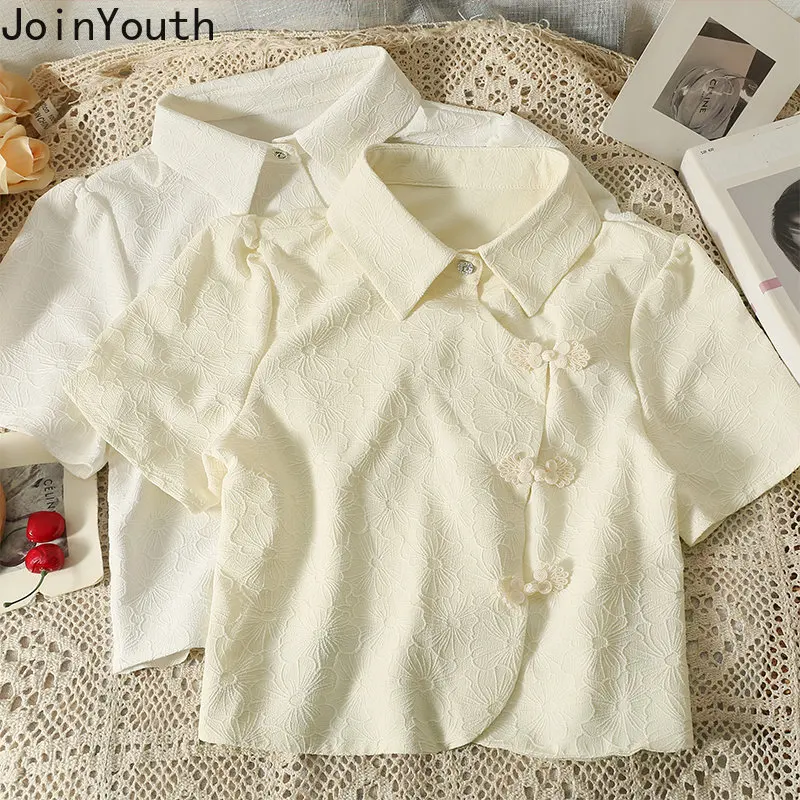 Винтажная Женская рубашка в китайском стиле, Летние Шикарные блузки 2023, укороченные топы Blusas De Mujer, Однобортная блузка-туника с коротким рукавом 0