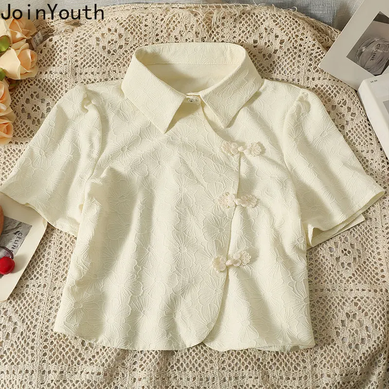 Винтажная Женская рубашка в китайском стиле, Летние Шикарные блузки 2023, укороченные топы Blusas De Mujer, Однобортная блузка-туника с коротким рукавом 1