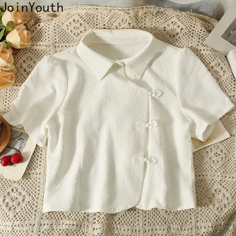 Винтажная Женская рубашка в китайском стиле, Летние Шикарные блузки 2023, укороченные топы Blusas De Mujer, Однобортная блузка-туника с коротким рукавом 2