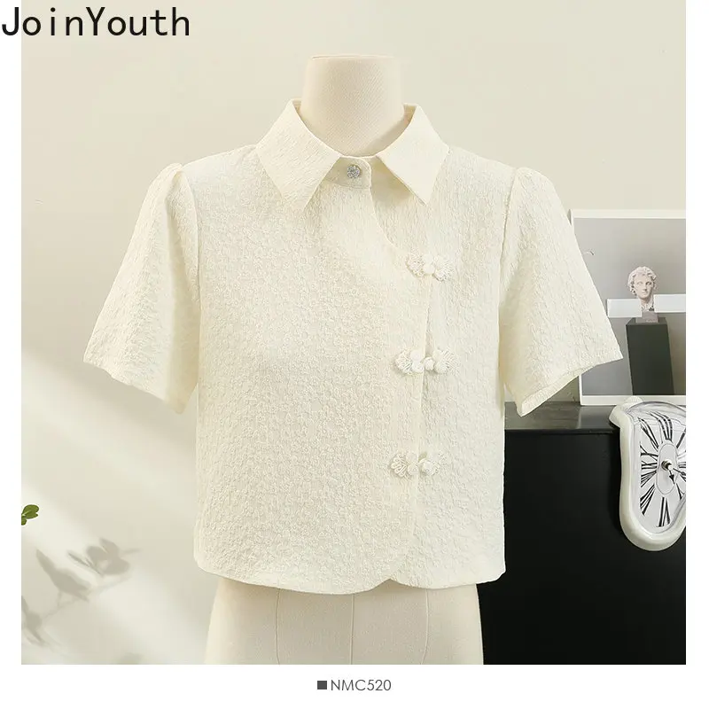 Винтажная Женская рубашка в китайском стиле, Летние Шикарные блузки 2023, укороченные топы Blusas De Mujer, Однобортная блузка-туника с коротким рукавом 4