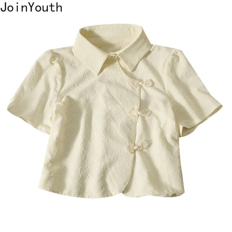 Винтажная Женская рубашка в китайском стиле, Летние Шикарные блузки 2023, укороченные топы Blusas De Mujer, Однобортная блузка-туника с коротким рукавом 5