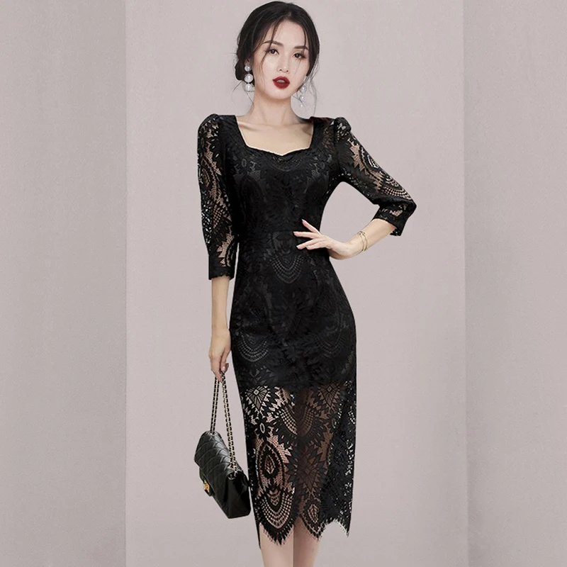 Новое Весенне-летнее Корейское кружевное платье, женское элегантное платье с тонкой талией и пышными рукавами, модные вечерние платья Миди, Офисные Женские платья 2