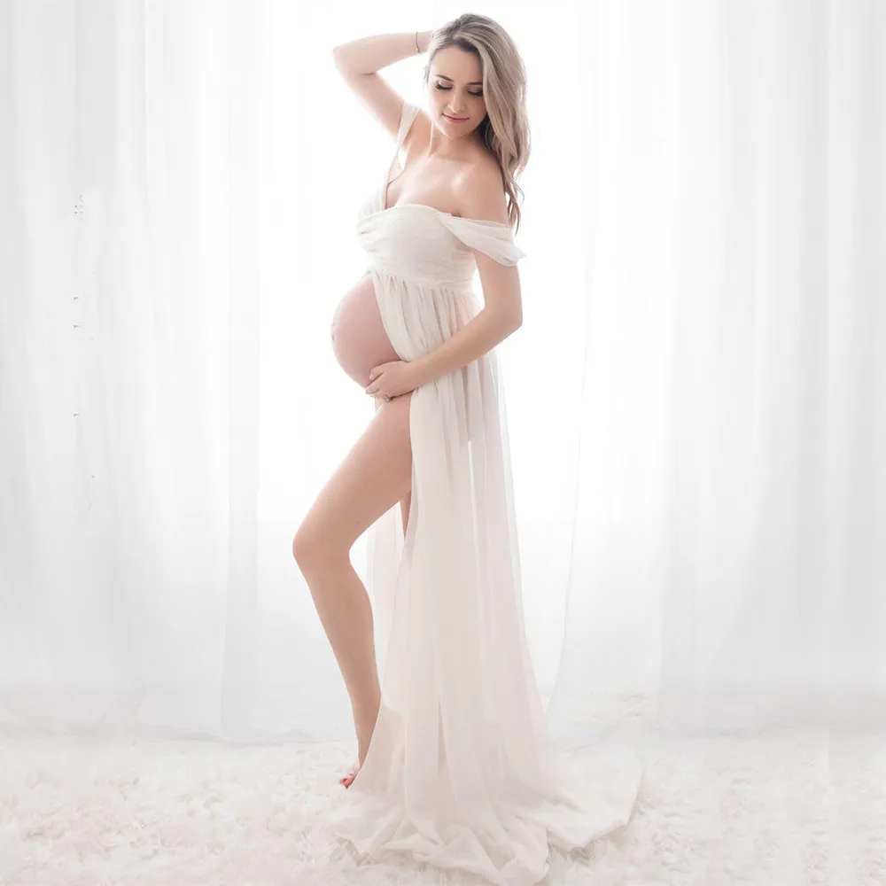 Платья для беременных для фотосессии с открытыми плечами, короткий рукав, сетчатое прозрачное длинное платье с разрезом для беременных, женская одежда для беременных 1