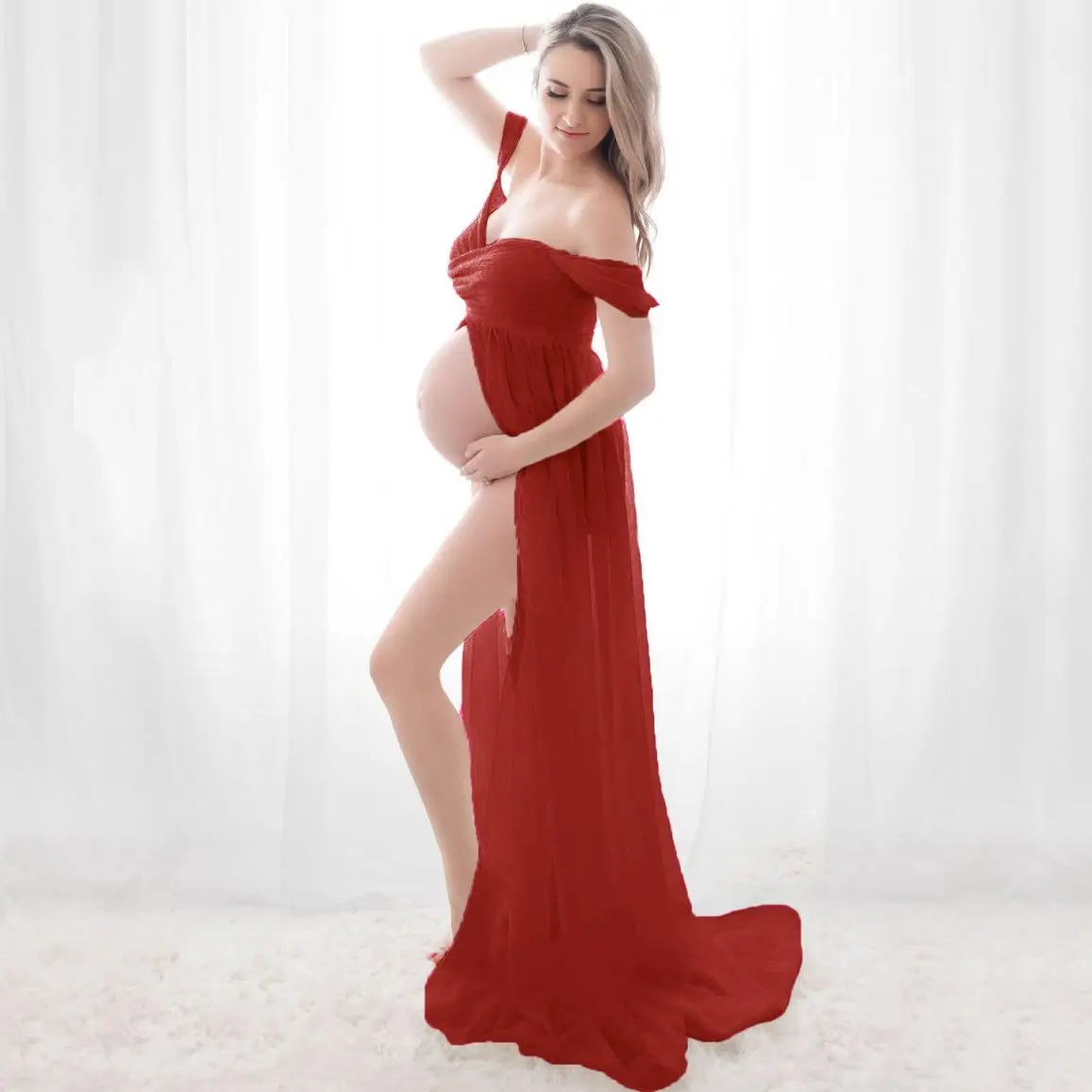 Платья для беременных для фотосессии с открытыми плечами, короткий рукав, сетчатое прозрачное длинное платье с разрезом для беременных, женская одежда для беременных 2