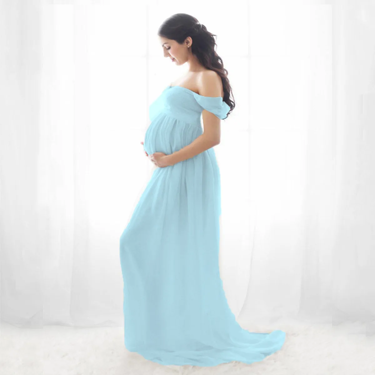 Платья для беременных для фотосессии с открытыми плечами, короткий рукав, сетчатое прозрачное длинное платье с разрезом для беременных, женская одежда для беременных 3