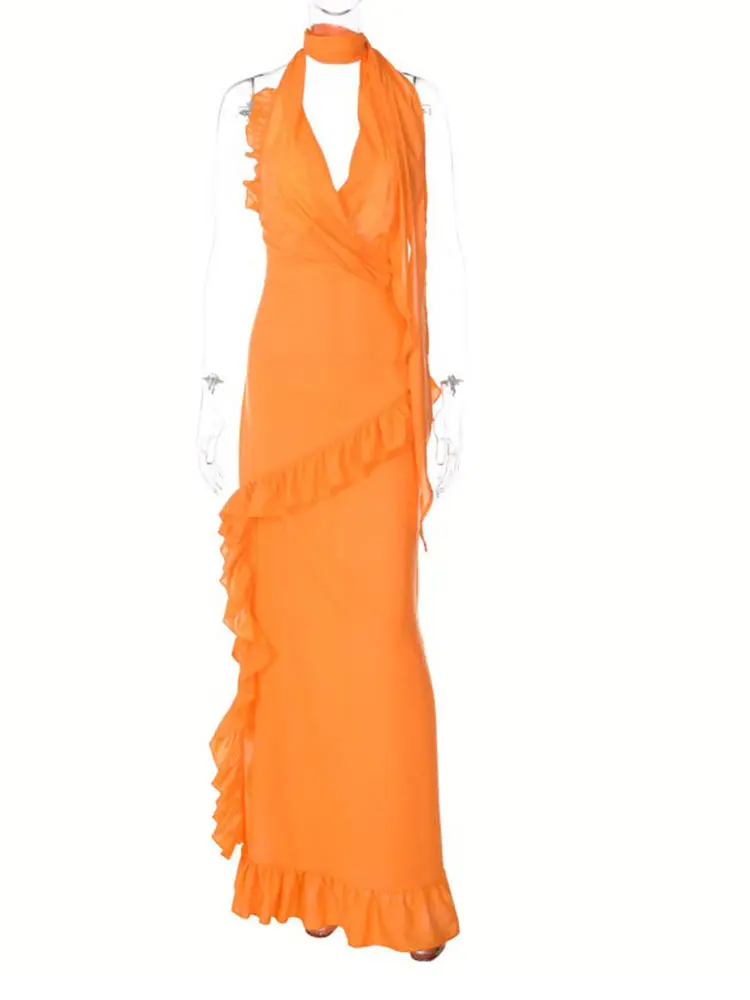 Женское элегантное Тонкое длинное платье с нерегулярными оборками 2023, Летние сексуальные макси-платья без рукавов с V-образным вырезом, платья для пляжных вечеринок, клубные платья 5