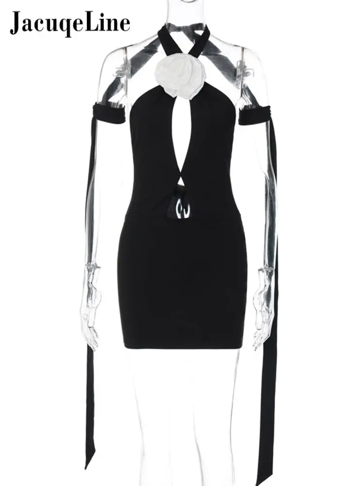 Мини-платье с цветочным узором и перекрестной повязкой, летнее Сексуальное черное облегающее короткое платье без рукавов, женские 2023 5