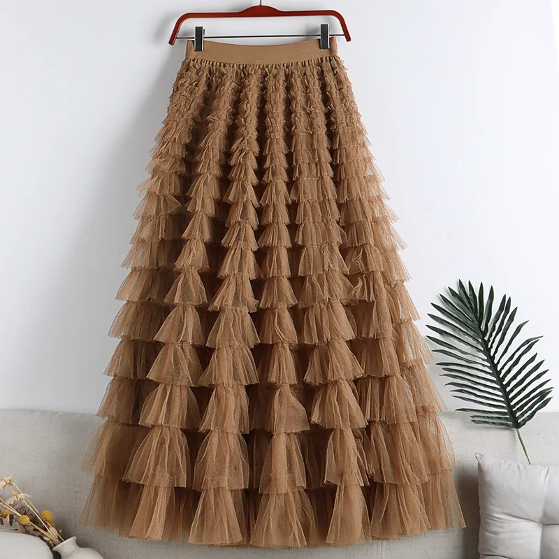 Сетчатая пышная юбка с темпераментом в виде листьев лотоса 2023, весенне-летнее новое сшитое тонкое женское платье, тонкая юбка-торт. 3
